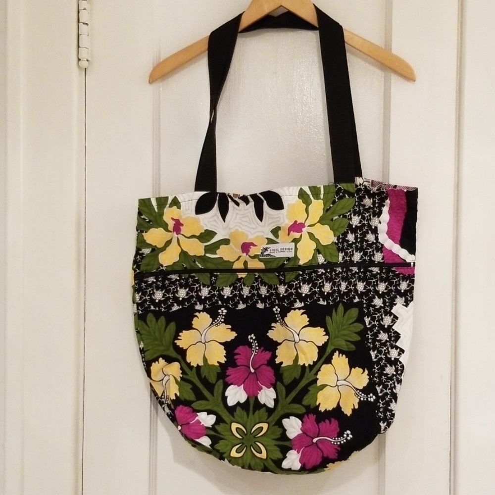 Cotton Reversible Hawaiian Floral Bright Turtles Tote Bag